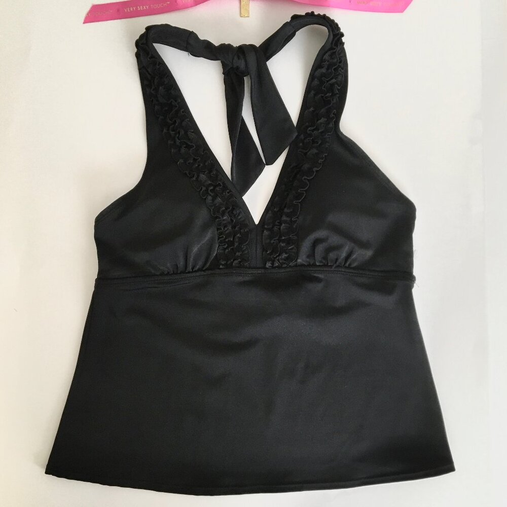 Black V Neck Ruffle Swim Tank Top Tankini Swimsuit Open Back Beach Tailgate 8